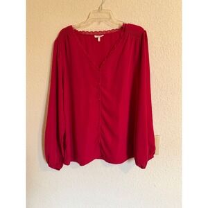 Maurices Womens XXL Red Lace Trim V-Neck Button Front Long Sleeve Blouse Top